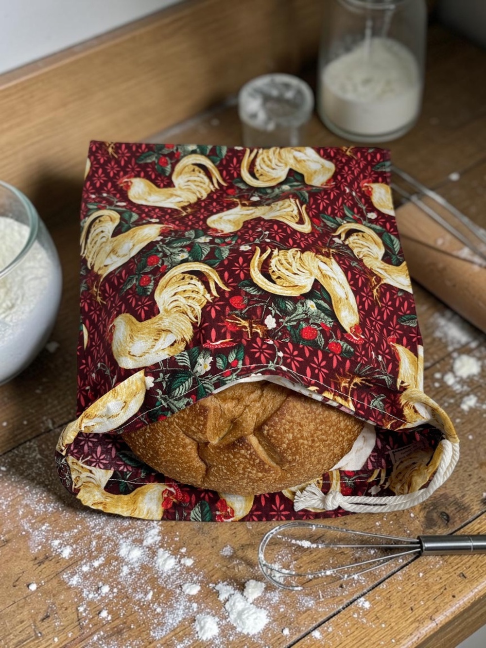 Strawberry Chicken Cotton Bread Bag, Farmhouse Reusable Bread Storage Bag